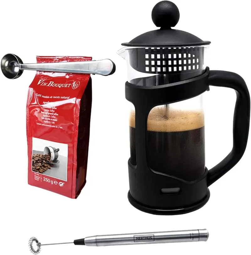 NERTHUS ▫️ Conjunto FIH 1125: cafeteira francesa com êmbolo de 350 ml, batedor de leite e pinça para café