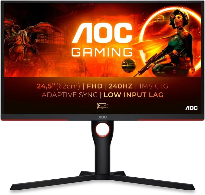 AOC ▫️ Gaming 25G3ZM/BK - Monitor FHD de 25", 240 Hz, 0,5 ms MPRT, plano, FreeSync Premium, ajustável (VA, 1920x1080, HDMI 2.0 x 2, DisplayPort 1.2 x 1, saída para auscultadores (3,5 mm)) preto/vermelho