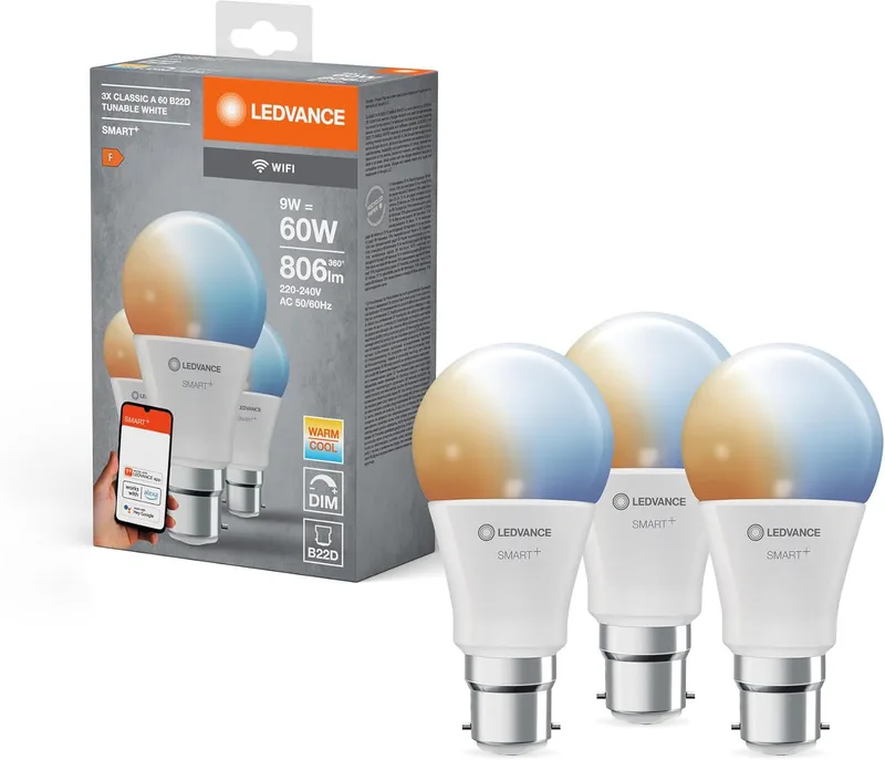 LEDVANCE ▫️ Lâmpada LED inteligente com tecnologia WiFi, base B22d, ótica mate, cor da luz variável (2700K-6500K), 806 lúmenes, substituto luminoso de 60W, embalagem com 3 unidades