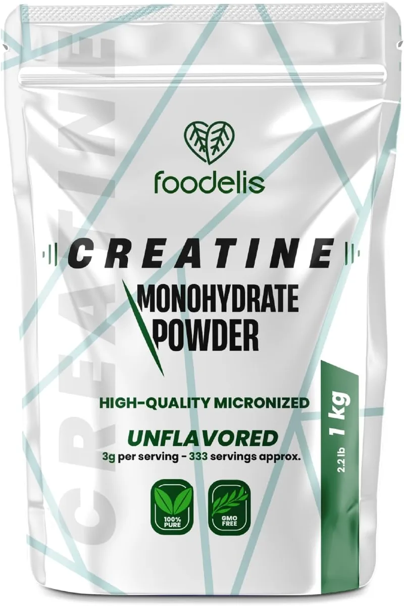 FOODELIS ▫️ Creatina Monohidratada em Pó 1 kg / 333 Doses - 100% Creatina Monohidratada Micronizada - Sem Sabor - Pura e Sem Aditivos - Sem OGM - Alta Solubilidade - Inclui Dosador