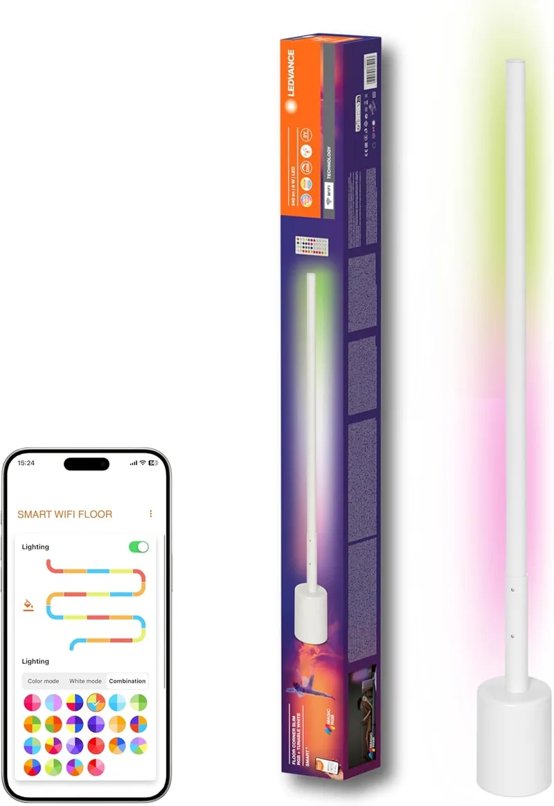 LEDVANCE ▫️ SMART+ WIFI Candeeiro de canto LED de chão, fino, branco, 8W, 540lm, luz branca, cor ajustável, regulável, função de música e ritmo DIY, longa duração, controlável por aplicação, 2700-6500K