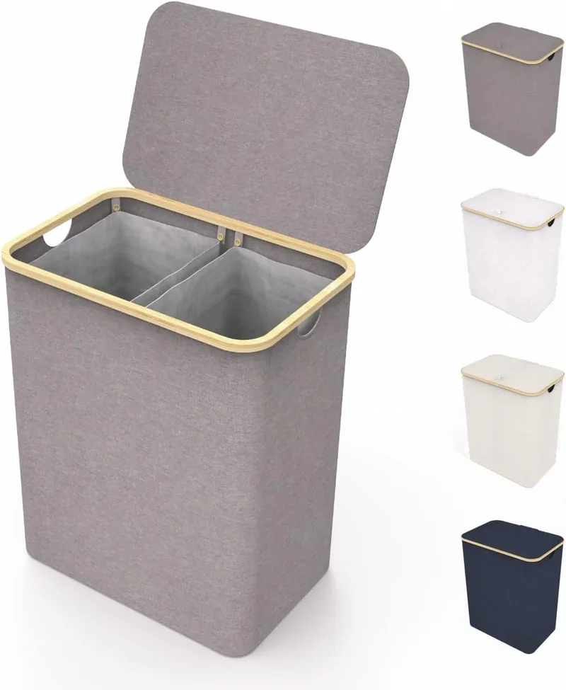 Lonbet ▫️ 150L Cesto de roupa suja 2 compartimentos com tampa e estrutura de bambu - Cesto de roupa suja com saco amovível, pegas confortáveis e tecido respirável para uso diário - Cesto de roupa suja, cinzento