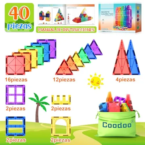 Coodoo ▫️ Blocos magnéticos de construção – Brinquedo educativo Montessori para meninos e meninas de 3 e 4 anos Blocos magnéticos para construção infantil Brinquedos para crianças de 3 anos Brinquedos para crianças de 3 anos 6