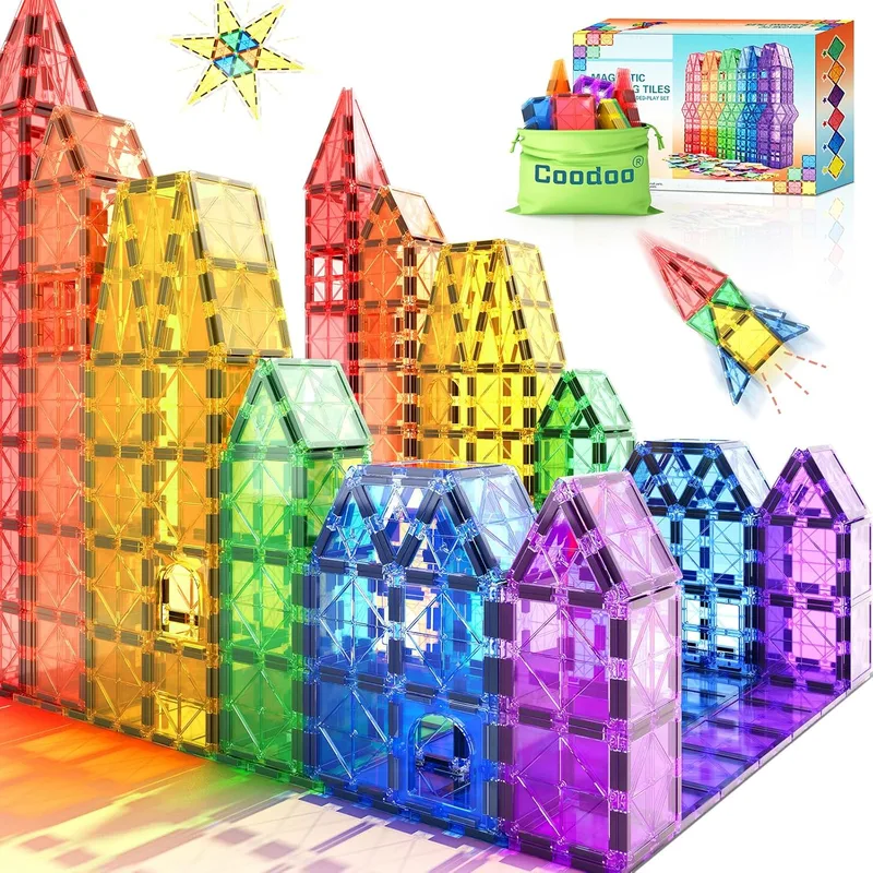 Coodoo ▫️ Blocos magnéticos de construção – Brinquedo educativo Montessori para meninos e meninas de 3 e 4 anos Blocos magnéticos para construção infantil Brinquedos para crianças de 3 anos Brinquedos para crianças de 3 anos