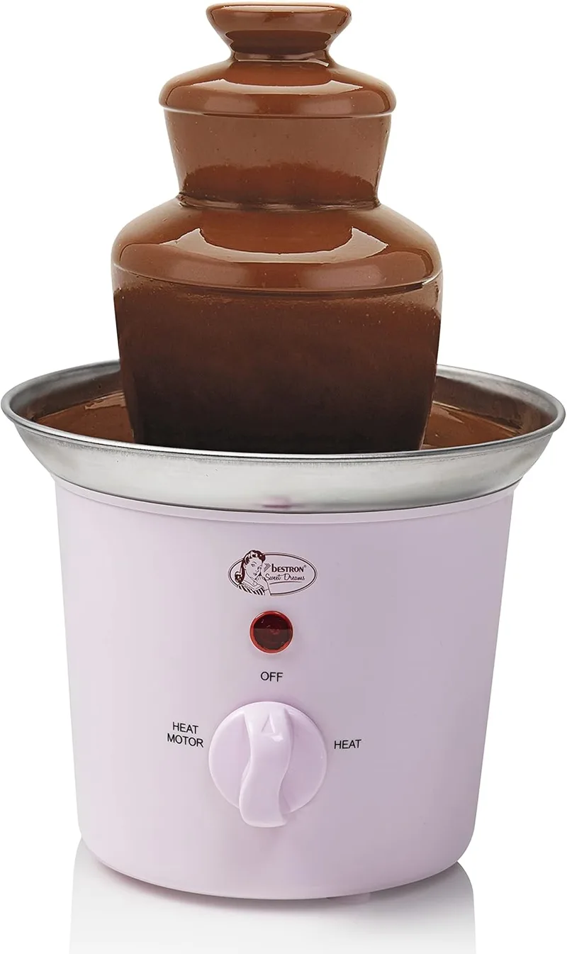 Bestron ▫️ Fonte de chocolate com 3 níveis, pequena fonte de chocolate com função de manutenção do calor, 60 watts, cor: rosa