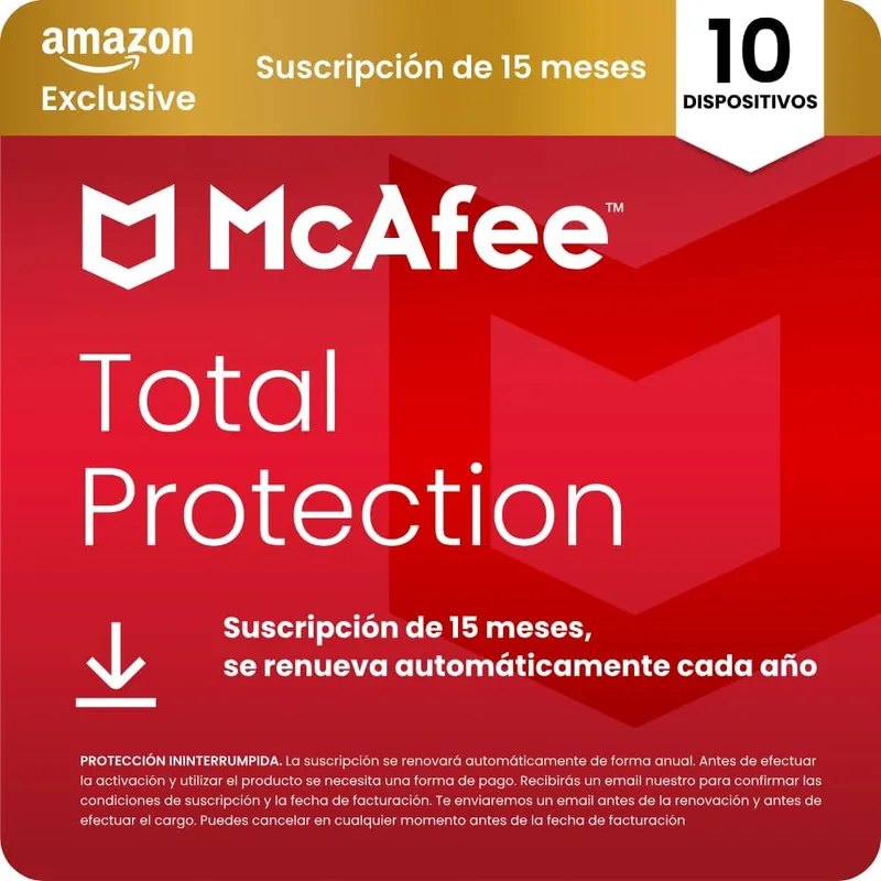 McAfee ▫️ Total Protection para 10 dispositivos 2026, 15 meses, Exclusivo da Amazon | Antivírus, VPN, software de segurança | Subscrição com renovação automática | Descarregar