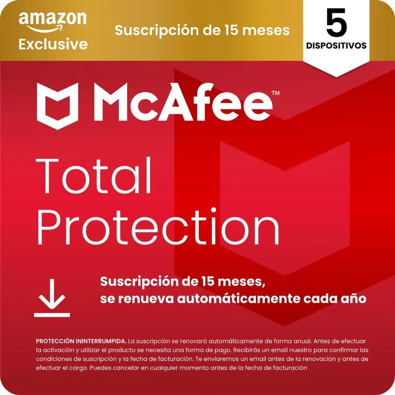 McAfee ▫️ Total Protection for 5 Devices 2026, 15 meses, Exclusivo Amazon | Antivírus, VPN, Software de Segurança | Assinatura com renovação automática | Download