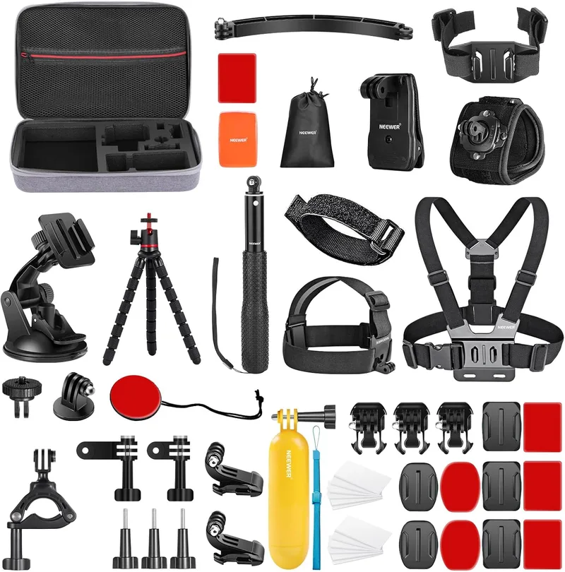 NEEWER ▫️ Kit de acessórios 50 em 1 para câmaras de ação, GoPro Hero 12, Hero 11, Hero 10, Hero 9, 8, 7, GoPro MAX, GoPro Fusion, Insta360 X3, X2, DJI Osmo Action 4, 3, 2, APEMAN, com capa preta incluída