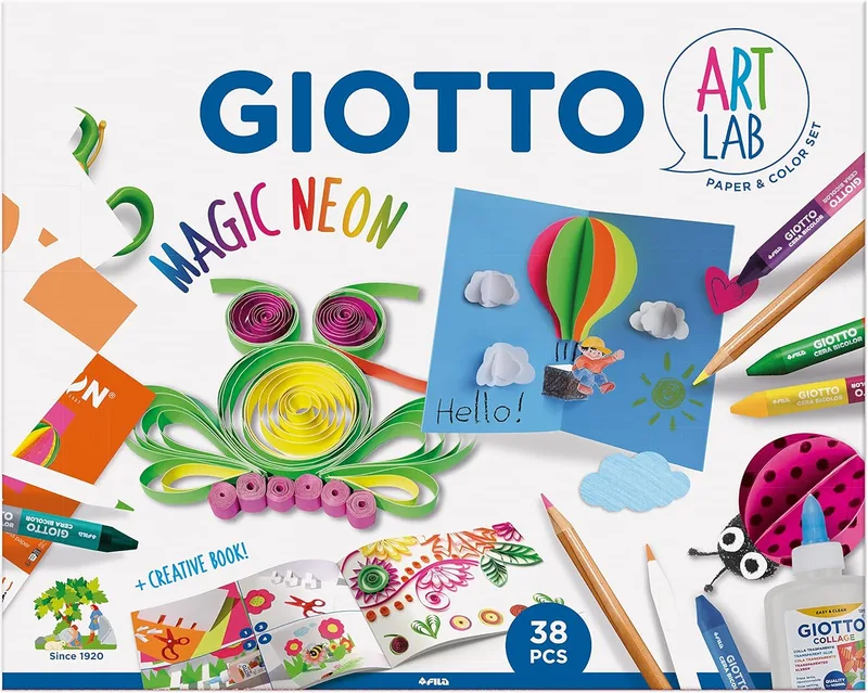Giotto ▫️ Conjunto criativo Magic Neon com papel, lápis de cera Maxi de ponta dupla, lápis de cor, cola e acessórios, 38 peças.