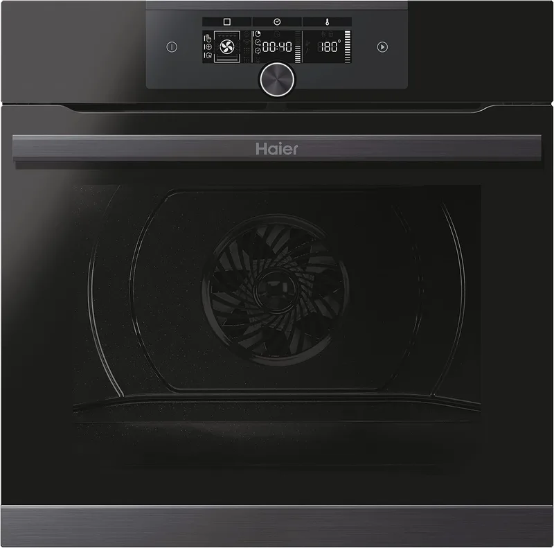 Haier ▫️ I-Turn Série 4 HWO60SM5F8BH - Forno multifunções, pirolítico, com conectividade Wi-Fi e Bluetooth, capacidade de 70 L, 13 funções, botão giratório e ecrã digital, iluminação lateral, preto