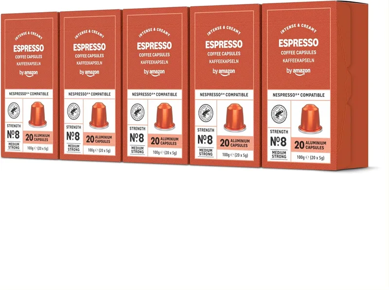 by Amazon ▫️ da Amazon - Cápsulas de café expresso, torra clara, compatíveis com Nespresso, 100 unidades, 5 embalagens de 20, Certificado pela Rainforest Alliance