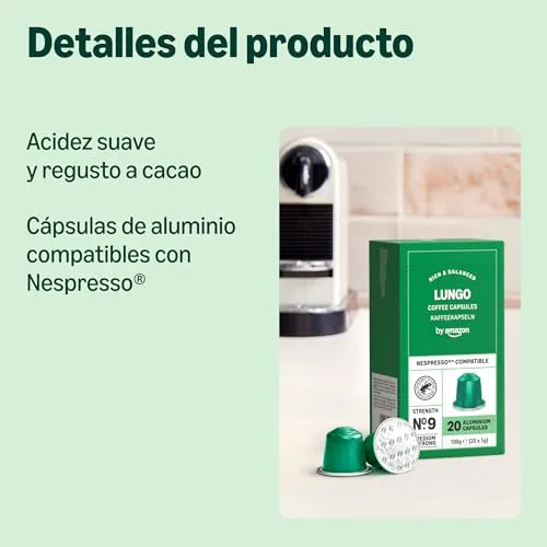 by Amazon ▫️ da Amazon - Cápsulas de café Lungo, torra média, compatíveis com Nespresso, 100 unidades, 5 embalagens de 20, com certificação Rainforest Alliance 2
