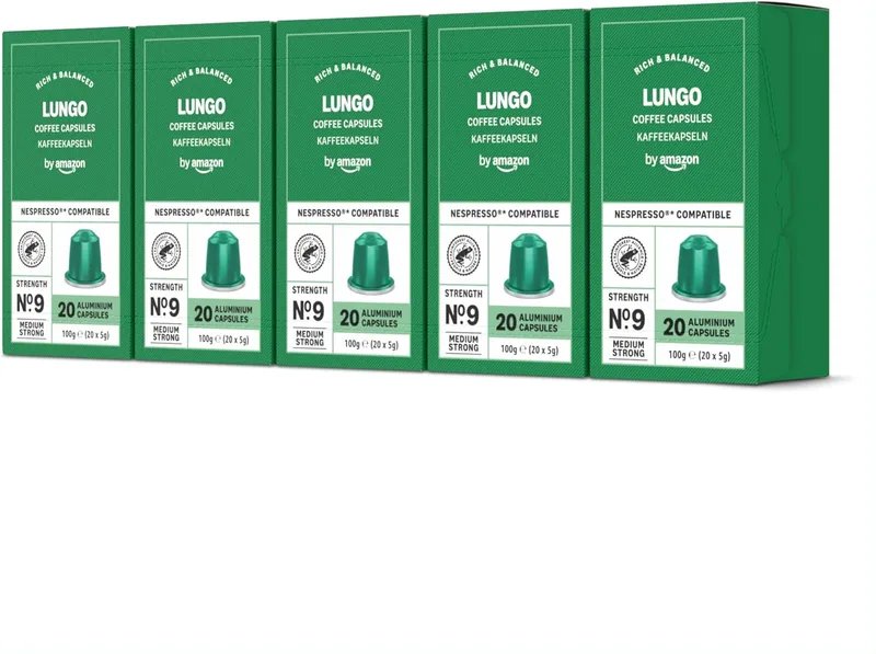 by Amazon ▫️ Cápsulas de café Lungo, torrefação média, compatível com Nespresso, 100 cápsulas, 5 embalagens de 20, Rainforest Alliance Certified