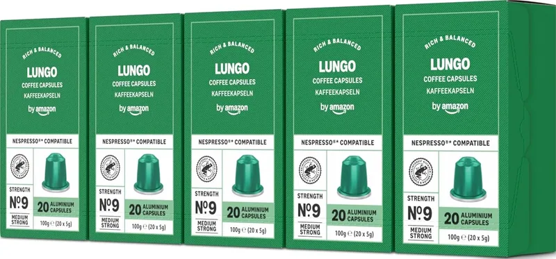 by Amazon ▫️ da Amazon - Cápsulas de café Lungo, torra média, compatíveis com Nespresso, 100 unidades, 5 embalagens de 20, com certificação Rainforest Alliance