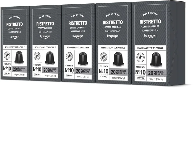 by Amazon ▫️ da Amazon - Cápsulas de café Ristretto, torra média, compatíveis com Nespresso, 100 unidades, 5 embalagens de 20, com certificação Rainforest Alliance