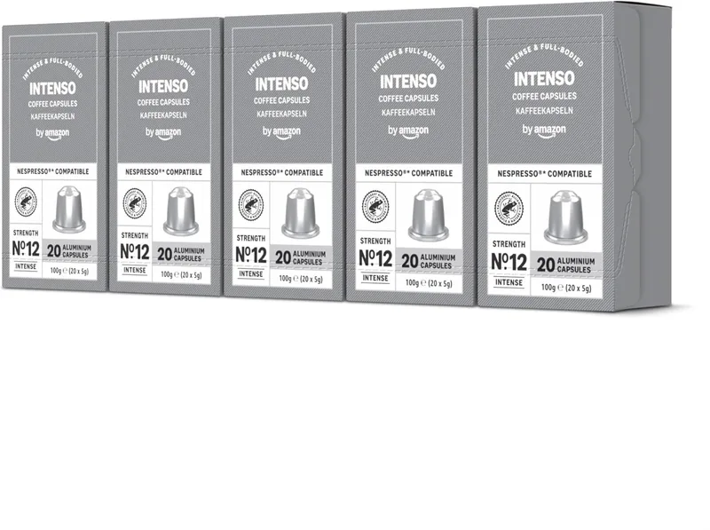 by Amazon ▫️ Cápsulas de café Intense, torrado escuro, compatível com Nespresso, 100 cápsulas, 5 embalagens de 20, Rainforest Alliance Certified