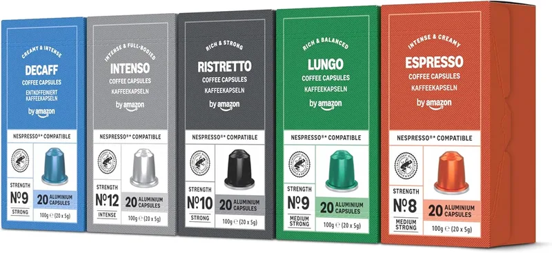 by Amazon ▫️ da Amazon - Cápsulas de café - Pacote variado compatível com Nespresso, 100 unidades, 5 pacotes de 20, com certificação da Rainforest Alliance