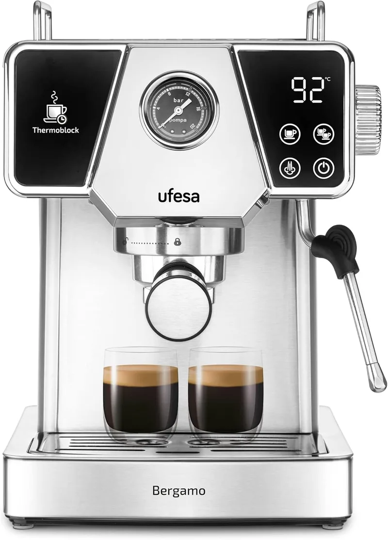 Ufesa ▫️ Máquina de café expresso e cappuccino Bergamo com manómetro, 20 bar, 1350 W, painel tátil, vaporizador ajustável, sistema Thermoblock, depósito de 1,8 l, 1 ou 2 cafés, aço inoxidável