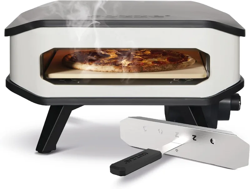 cozze ▫️ ® Forno elétrico para pizza de 13" com tampa frontal | 2200 W | Controlo digital da temperatura | Pedra para pizza 34 x 34 cm | Exterior IPX4 | Branco e preto