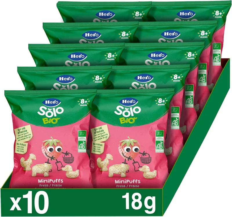 Solo ▫️ Hero Bio Minipuff Snacks de Morango para Bebés a partir dos 8 meses, 10 x 18 g
