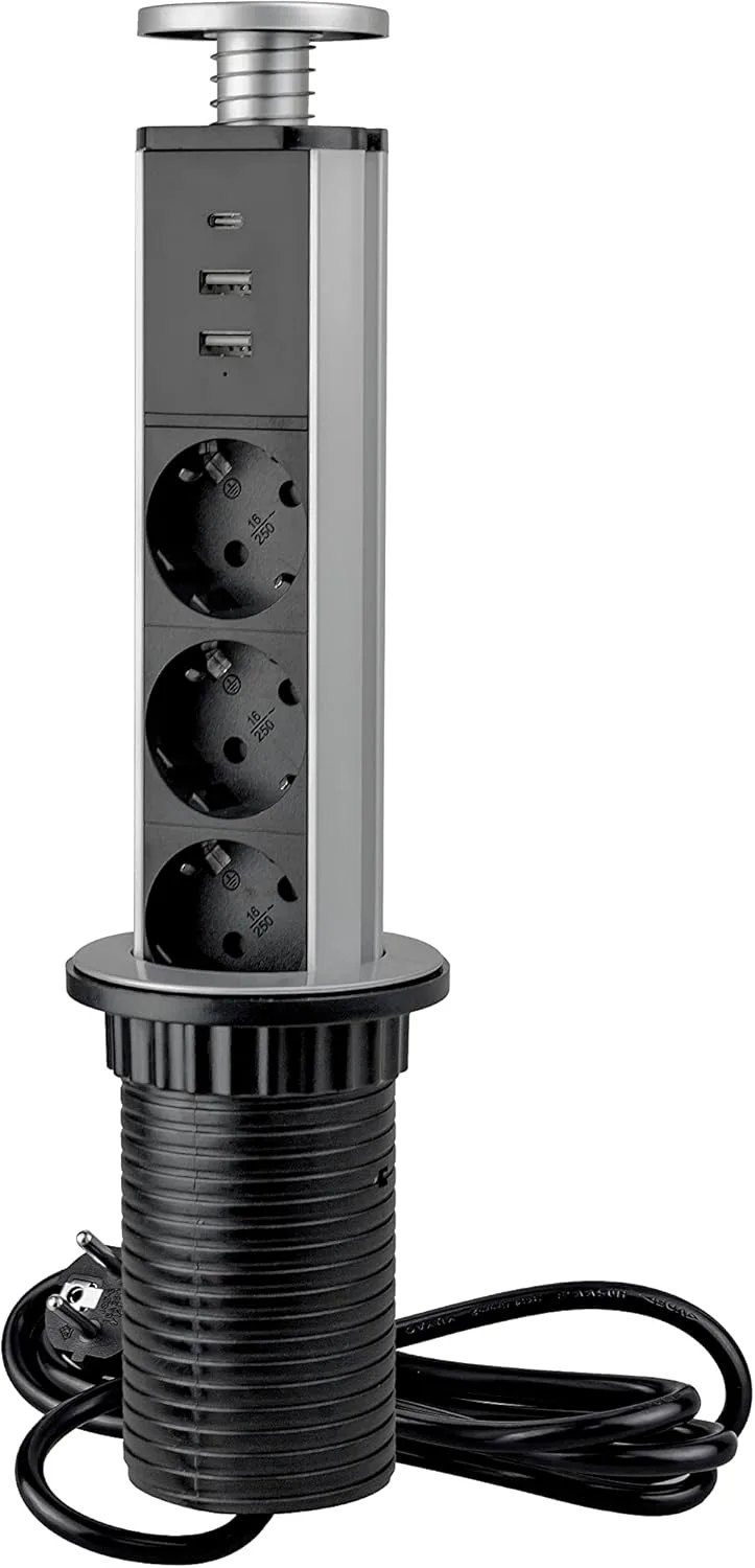 EMUCA ▫️ Regletas: Tomada embutível, Regleta retrátil com carregamento rápido, 3 tomadas UE e 2 USB-A + 1 USB-C, Torre de tomadas embutível para bancada, Cinza metalizado, Plástico, Alumínio