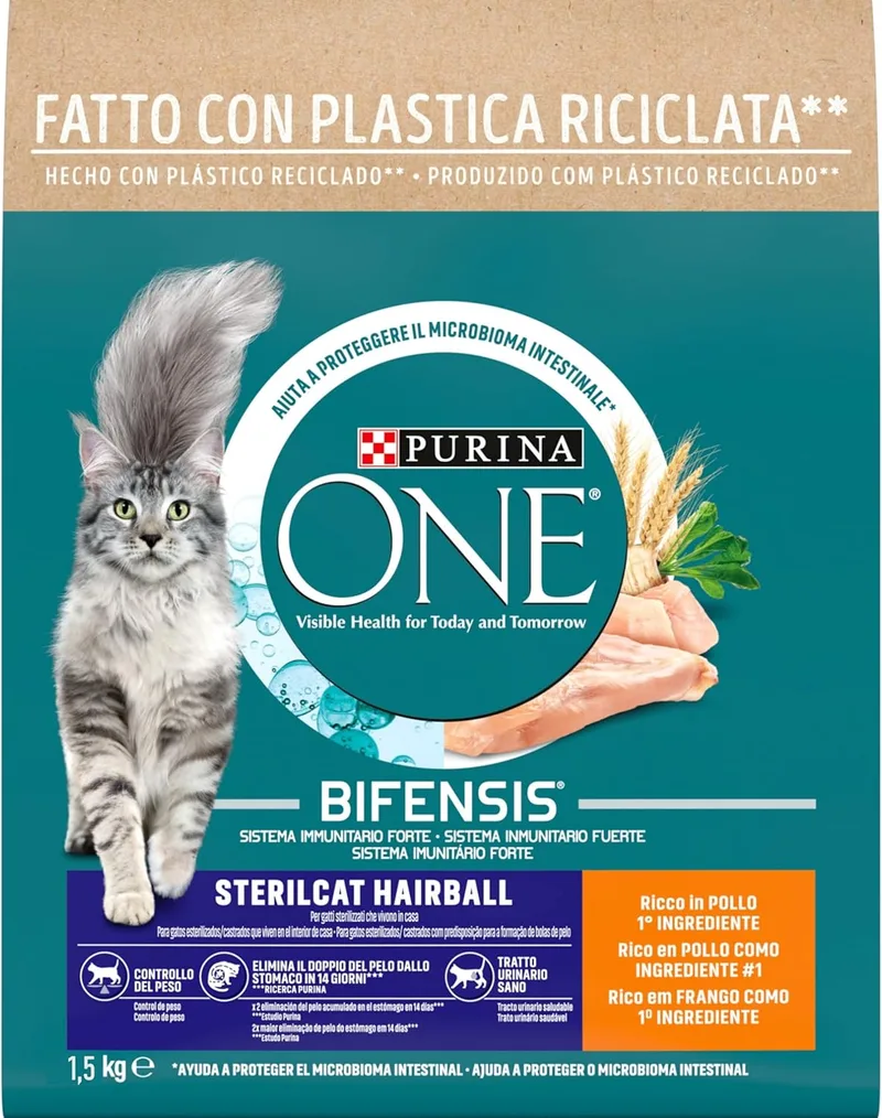 PURINA ONE ▫️ Bifensis Alimento para gatos castrados Bolas de pelo e pele com frango, 6 sacos de 1,5 kg