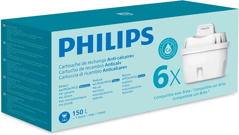 PHILIPS ▫️ Water Cartuchos de filtro de água de substituição Antical+, embalagem de 6 filtros, ATÉ 50 % MAIS REDUÇÃO DE CAL, , Compatível com Brita*