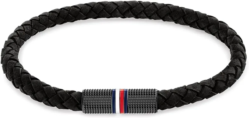 Tommy Hilfiger ▫️ Jewelry - Pulseira de couro trançado para homem, cor preta - 2790459