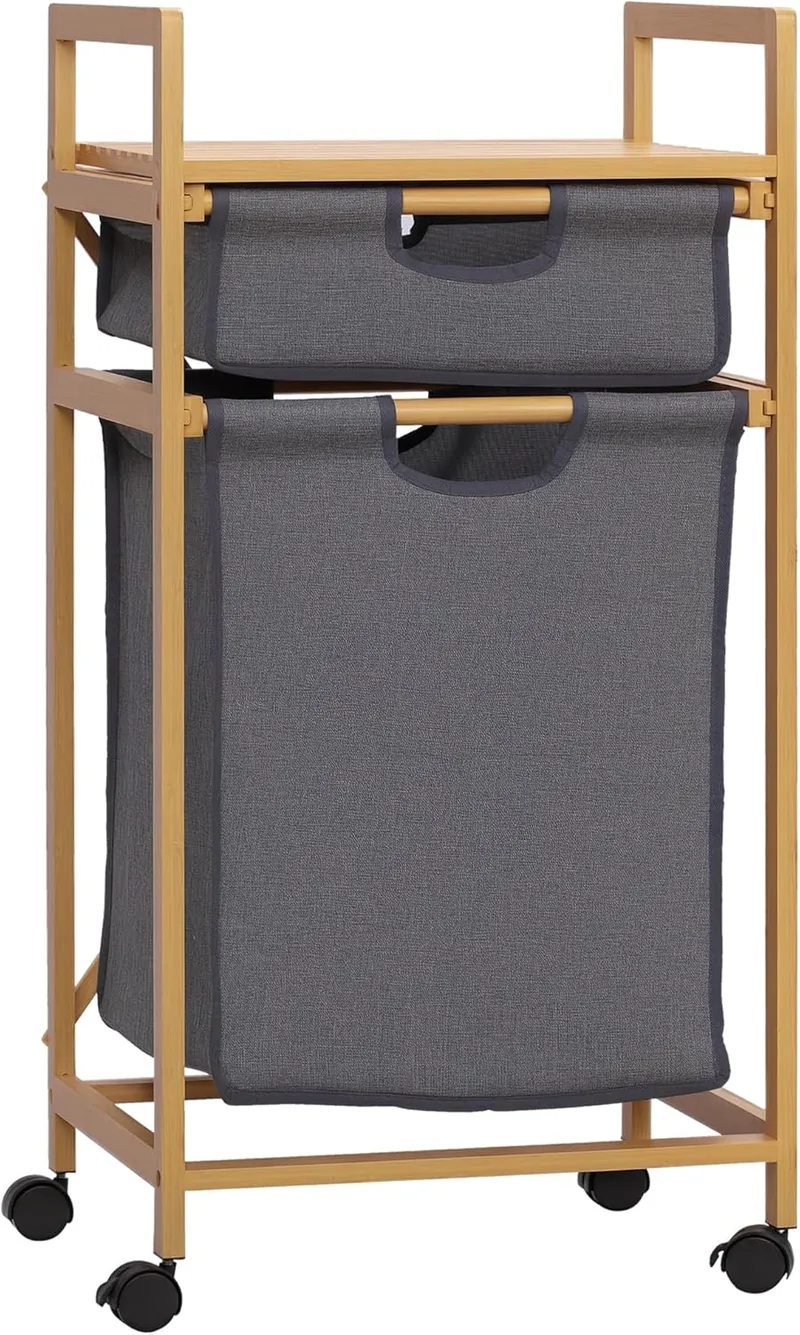 HOMCOM ▫️ Cesto para roupa suja em bambu Cesto para roupa suja com 2 sacos de pano amovíveis Prateleira aberta 2 pegas laterais e 4 rodas 42x35x84,5 cm Cinzento