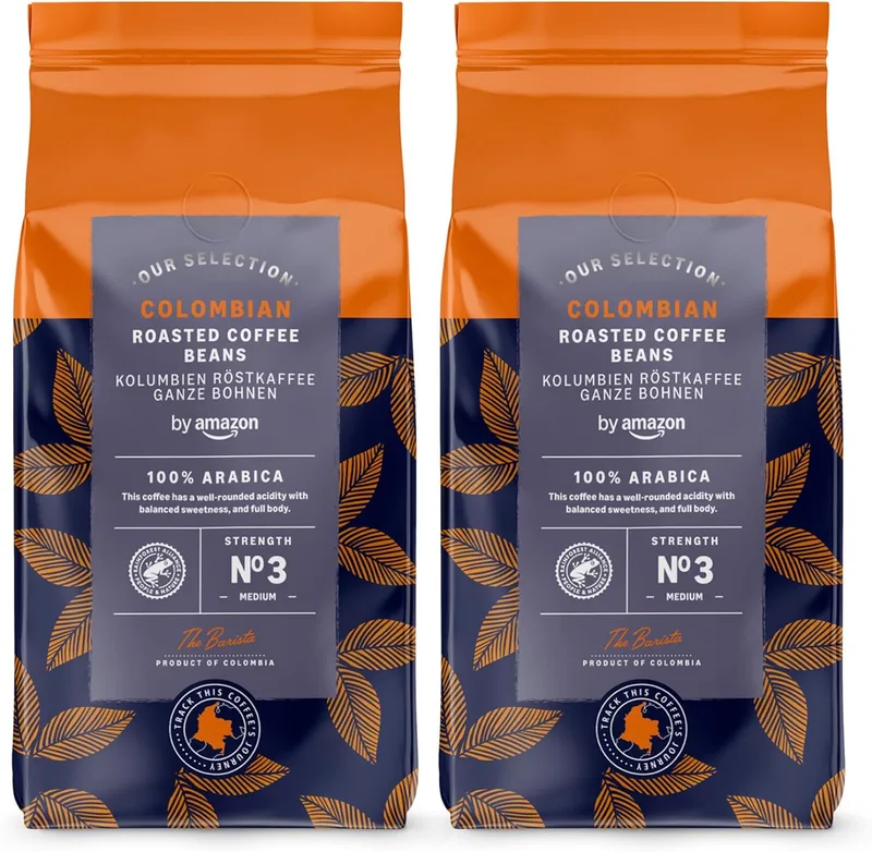 by Amazon ▫️ Da Amazon: Café colombiano em grão, 100% Arábica, torra média, 1 kg (2 embalagens de 500 g), certificado pela Rainforest Alliance
