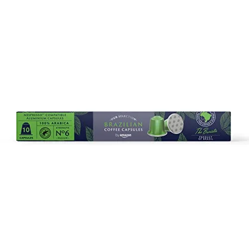 by Amazon ▫️ Da Amazon: Café Brasileiro compatível com Nespresso, 100% Arábica, Torra Média, 100 cápsulas de alumínio (10 embalagens de 10), com certificação Rainforest Alliance 2
