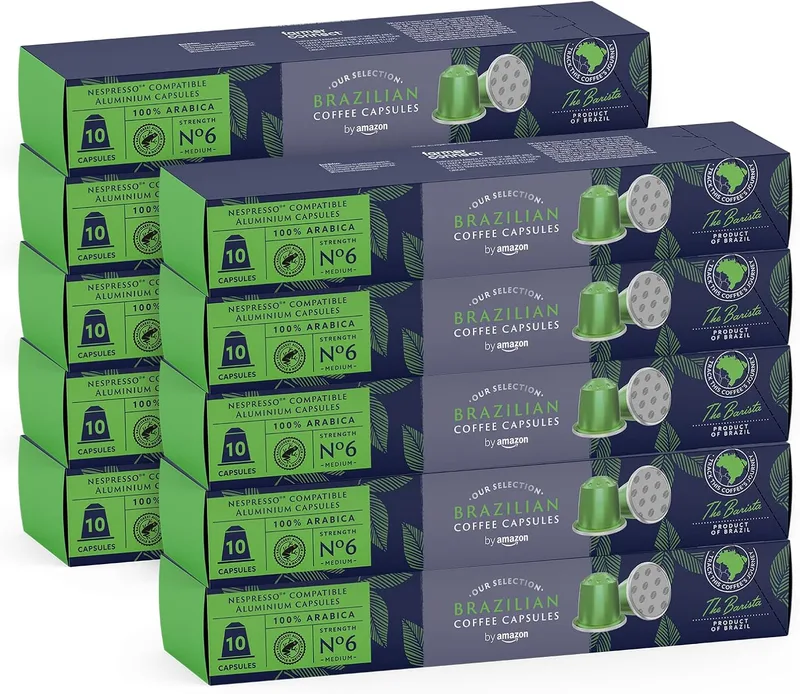 by Amazon ▫️ Da Amazon: Café Brasileiro compatível com Nespresso, 100% Arábica, Torra Média, 100 cápsulas de alumínio (10 embalagens de 10), com certificação Rainforest Alliance