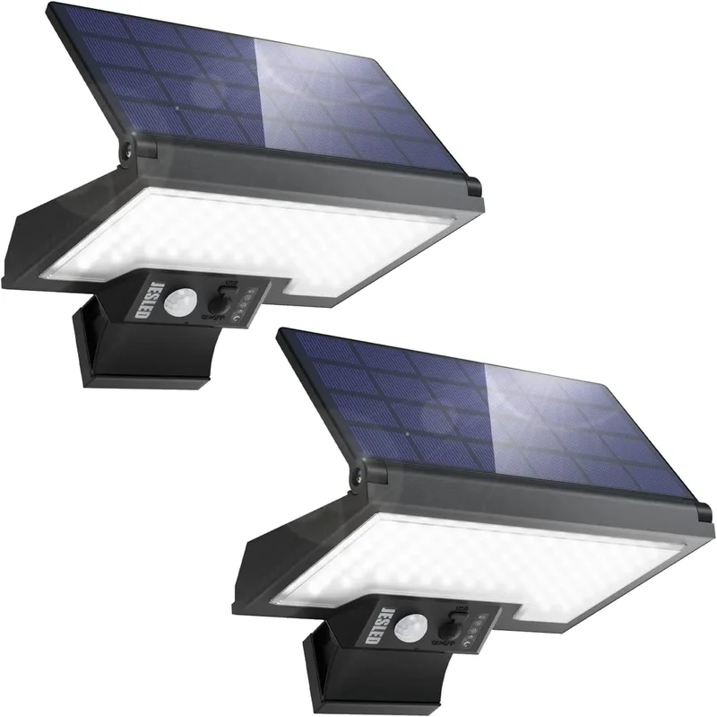 JESLED ▫️ 2 Pack - Luz solar para exterior, 108 LEDs, projetor solar com sensor de movimento, 2600 mAh, 4 modos de luz de segurança para jardim, pátio, caminho, entrada de automóveis, garagem, escadaria, escadas