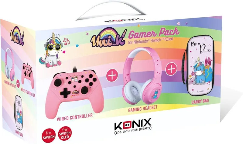 Konix ▫️ Unik - Conjunto de acessórios para jogos para a Nintendo Switch e Switch OLED - Auscultadores - Comando Be Love - Capa Be a Princess