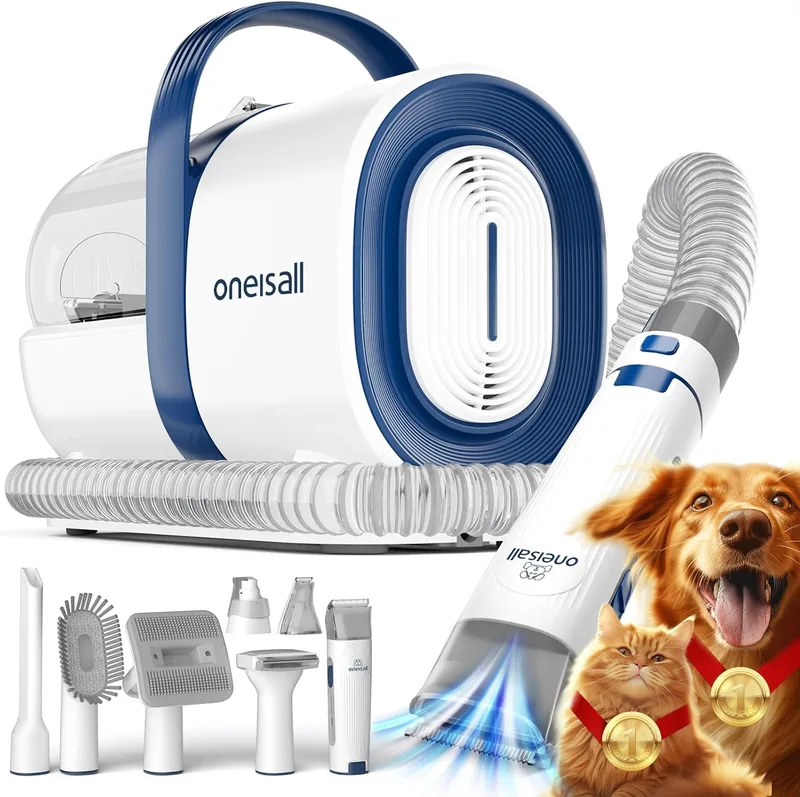 oneisall ▫️ Máquina de cortar pêlo para cães com aspirador de pêlo, aspira 99% do pêlo dos animais de estimação, máquina de corte silenciosa para cães e gatos e mais 7 acessórios de higiene (azul)