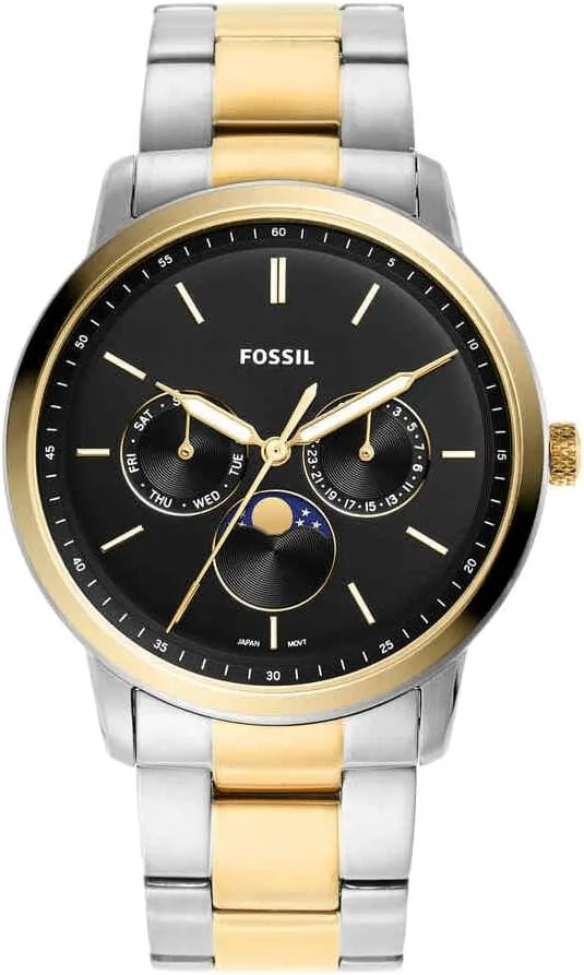 Fossil ▫️ Relógio Neutra para homem, movimento multifunções com fases da lua e bracelete em aço ou pele