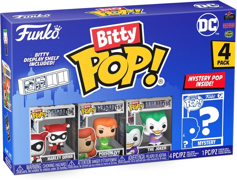 Funko ▫️ Bitty Pop! Conjunto de 4: DC Comics - Harley Quinn, O Joker, Poison Ivy, Mini-figura Misteriosa - Os estilos podem variar - 0,9 polegadas (2,2 cm) Colecionável - Inclui expositor empilhável