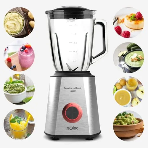 Solac ▫️ BV5728 Beauty and the Beast 1500 - Liquidificador, 1500 W, lâminas de aço inoxidável com 6 gumes, 2 velocidades + Turbo, triturador de gelo, jarro de vidro graduado de 1,5 L, abertura de enchimento, sistema de segurança 7