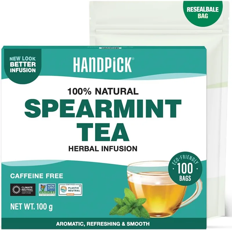 HANDPICK ▫️ Chá de Hortelã - 100 saquetas redondas orgânicas - Sem cafeína e sem OGM - Com folhas puras de hortelã - Mistura naturalmente refrescante - Selado em vácuo