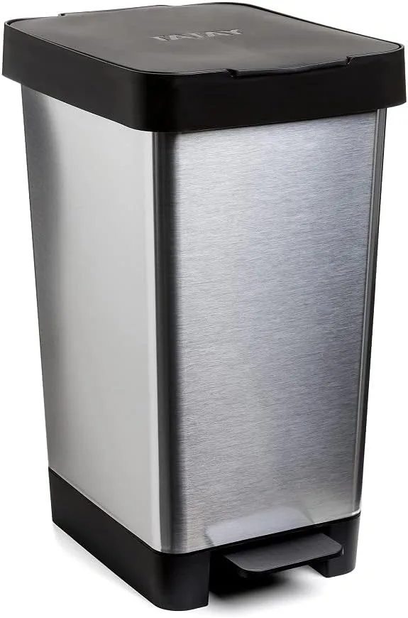 Tatay ▫️ Smart Deco 25L Caixote do lixo de cozinha com pedal | Design compacto e funcional | Utilização no interior e no exterior | Adequado para sacos de 30L | Plástico resistente sem BPA | 26x36x47cm, cinzento metalizado