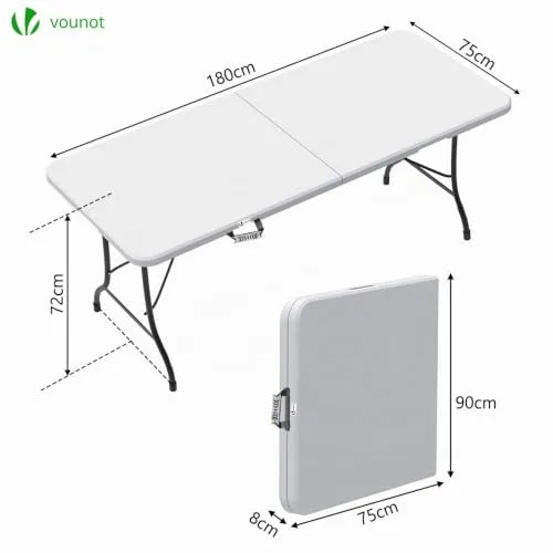 VOUNOT ▫️ ® Mesa dobrável multifuncional 180 x 75 cm, mesa de festa com pega de transporte, para jardim, terraço, varanda, branca 2