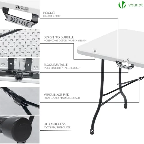 VOUNOT ▫️ ® Mesa dobrável multifuncional 180 x 75 cm, mesa de festa com pega de transporte, para jardim, terraço, varanda, branca 4