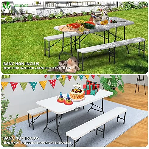 VOUNOT ▫️ ® Mesa dobrável multifuncional 180 x 75 cm, mesa de festa com pega de transporte, para jardim, terraço, varanda, branca 5
