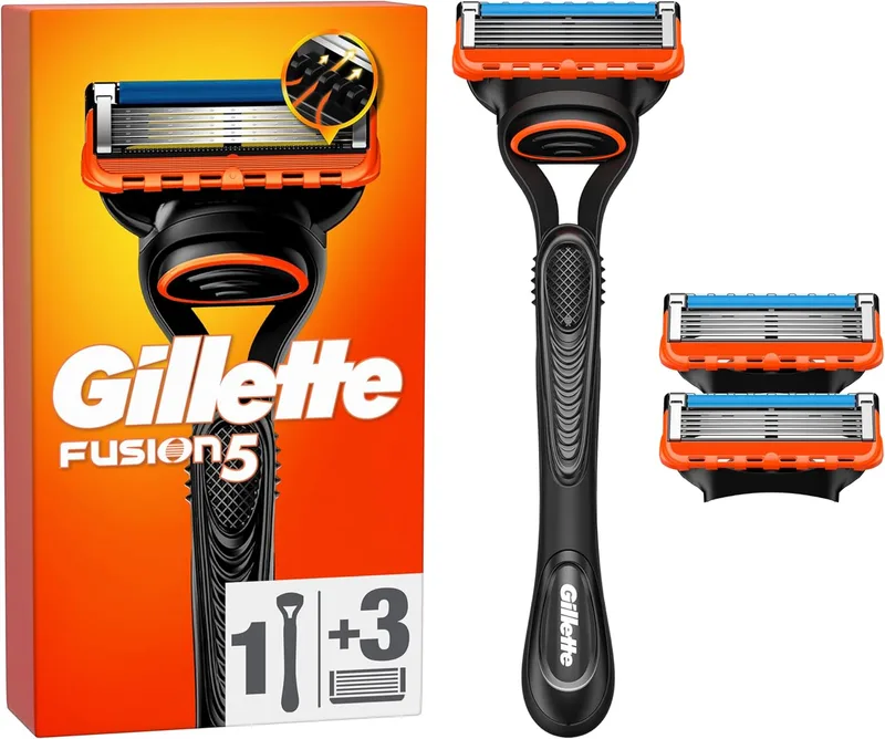 Gillette ▫️ Fusion5 Men's Razor, 1 máquina de barbear 3 recargas, com tira de gel lubrificante para um deslizar suave e 5 lâminas para um barbear rente e duradouro.