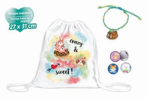 LENA ▫️ 42706 Batik Crazy & Lazy - Kit de trabalhos manuais com mochila de linho (27 x 31 cm, 4 cores de confetes, 3 lápis têxteis, folhas para passar a ferro, botões e pulseira para crianças, tamanho médio) 2