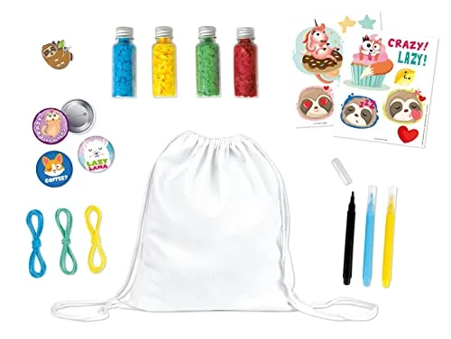 LENA ▫️ 42706 Batik Crazy & Lazy - Kit de trabalhos manuais com mochila de linho (27 x 31 cm, 4 cores de confetes, 3 lápis têxteis, folhas para passar a ferro, botões e pulseira para crianças, tamanho médio) 3