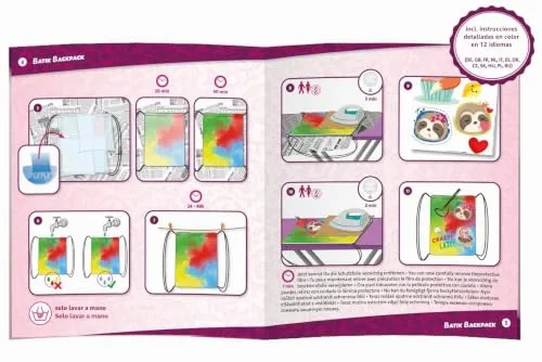 LENA ▫️ 42706 Batik Crazy & Lazy - Kit de trabalhos manuais com mochila de linho (27 x 31 cm, 4 cores de confetes, 3 lápis têxteis, folhas para passar a ferro, botões e pulseira para crianças, tamanho médio) 4