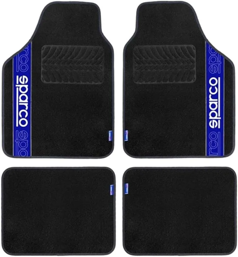 Sparco ▫️ Conjunto de 4 tapetes universais pretos e azuis, 2 à frente com logótipo e 2 atrás para automóveis