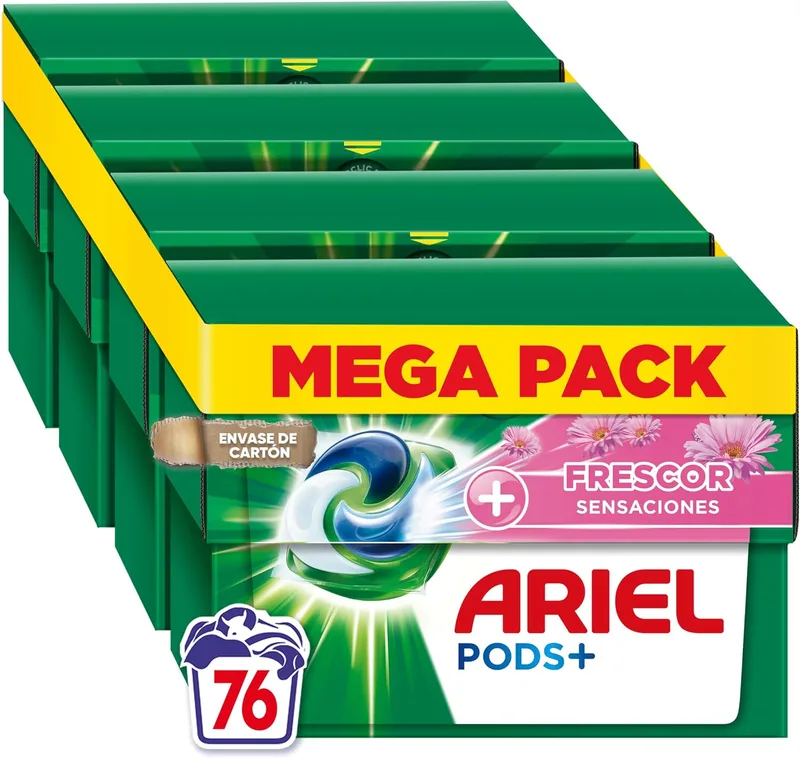 Ariel ▫️ PODS Detergente líquido para máquina de lavar roupa «Tudo em 1» em cápsulas/pastilhas, 76 lavagens (4x19), sabão de limpeza profunda, mais frescura e sensações;