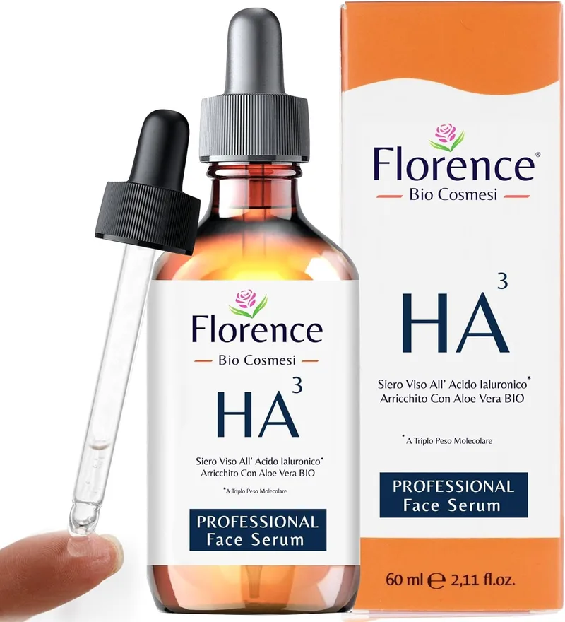 Florence ▫️ 60ml. Bio Sérum Facial com Triplo Ácido Hialurónico Puro, Antirrugas, Anti-olheiras, Agentes anti-envelhecimento. Sérum facial com Vitamina C, Hidratante, Orgânico, Vegan. Ideal também como creme de olhos.